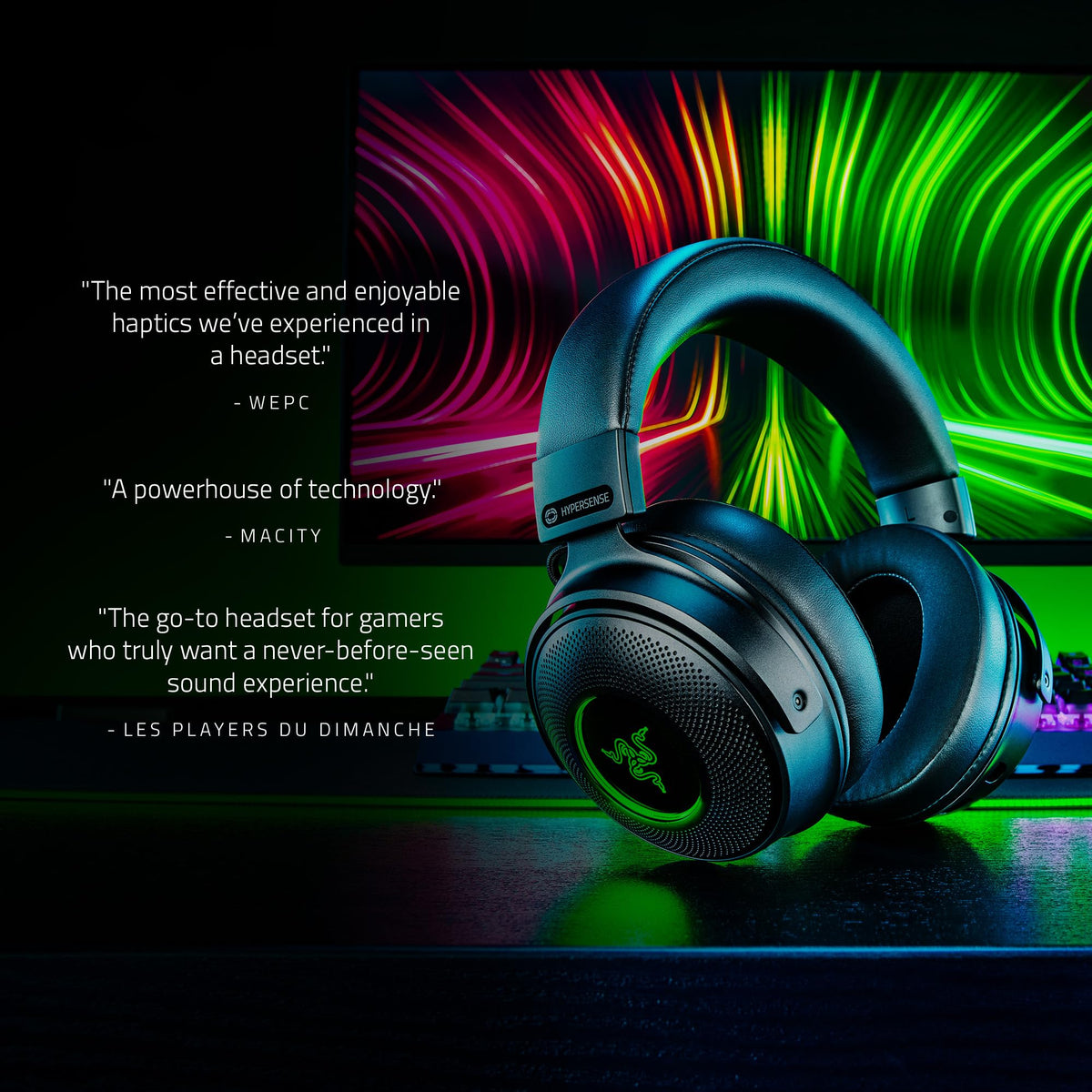 Razer Kraken V3 Pro Hypersense feedback delivers tactile immersion during gameplay.