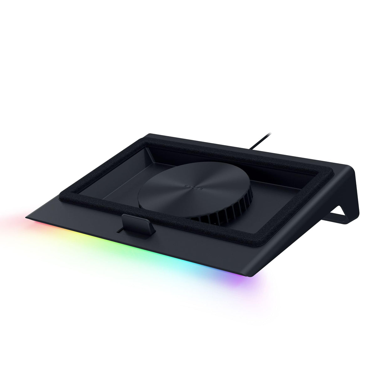 Razer laptop cooling pad front view showing slim profile and airflow.