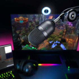 Razer Seiren Mini next to a ruler showing compact scale and travel convenience