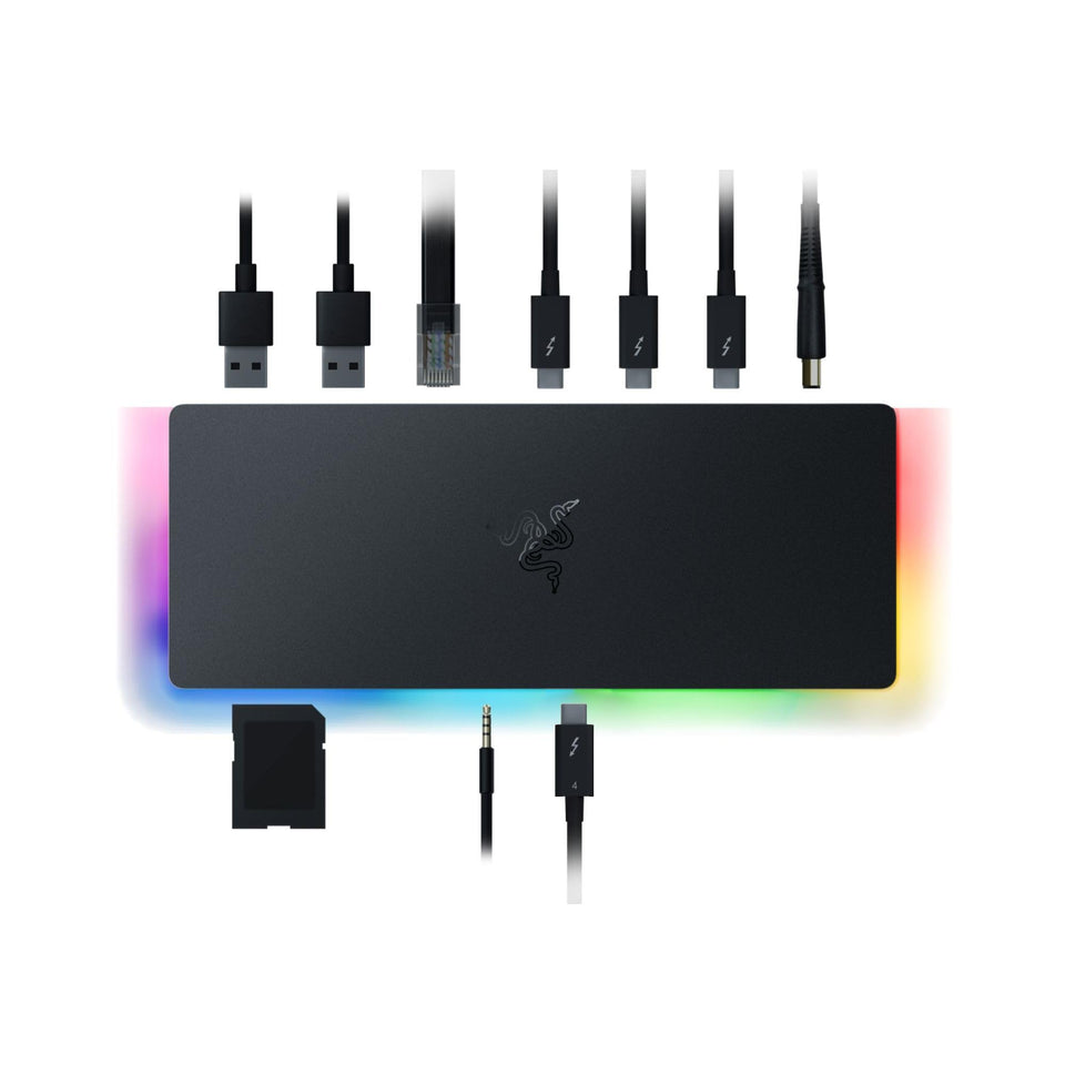 Razer Thunderbolt 4 Dock Chroma front view with peripherals.