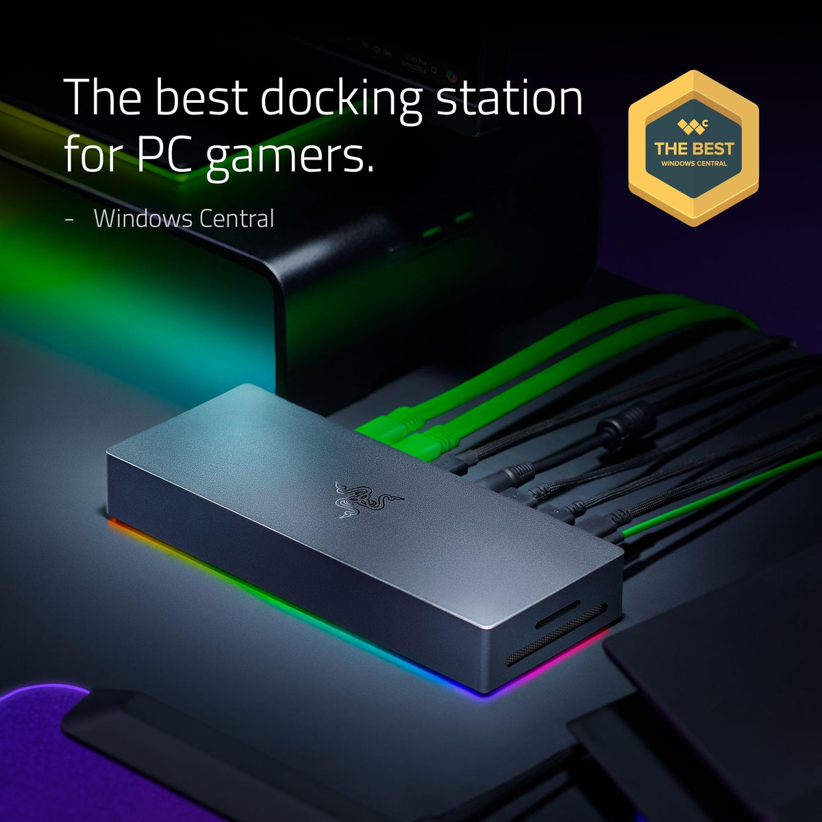 Razer Thunderbolt 5 Dock Chroma top view showcasing sleek design and cable management