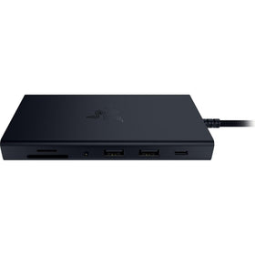 Razer USB C Dock size comparison next to smartphone to show travel-friendly portability