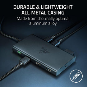Razer USB C Dock connected to cables and peripherals for streamlined workstation setup