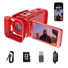 RAZPLYN front view of red camcorder showing lens and body, highlights portability
