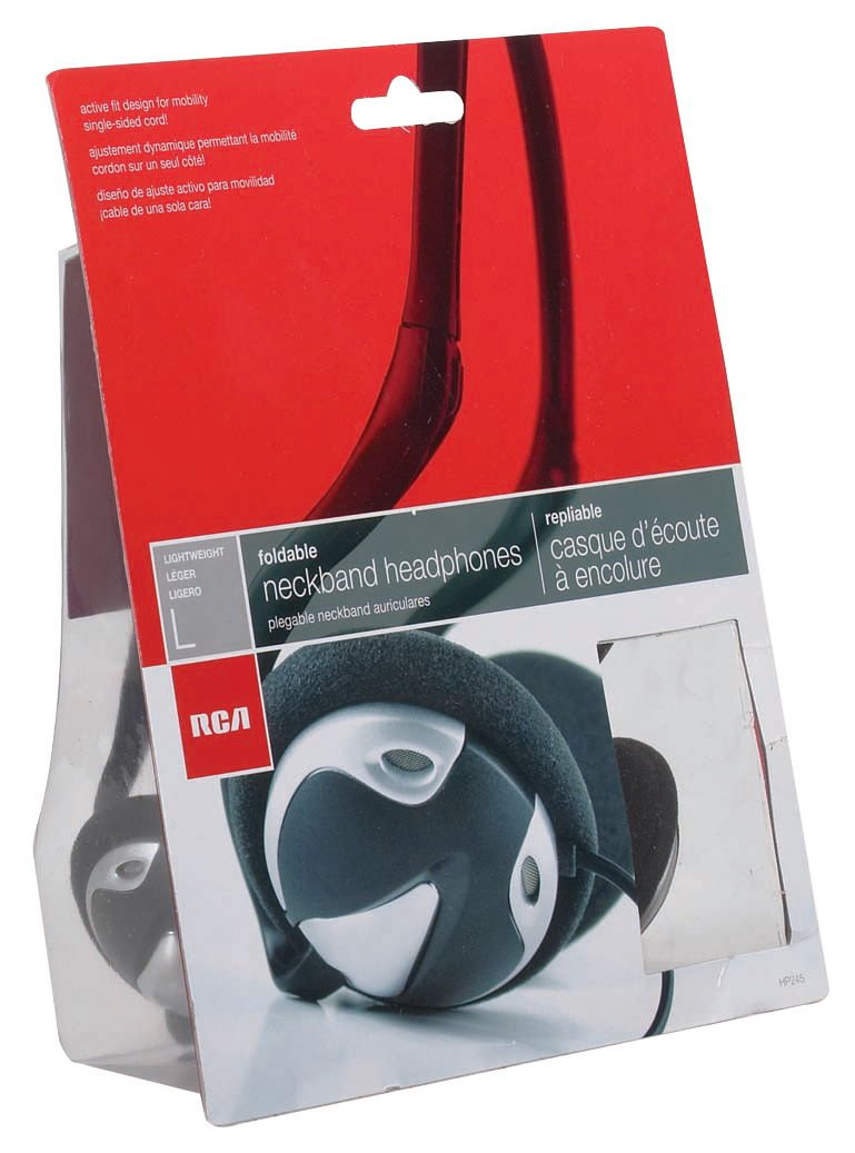 RCA HP245 folded neckband in pocket demonstrating compact portability