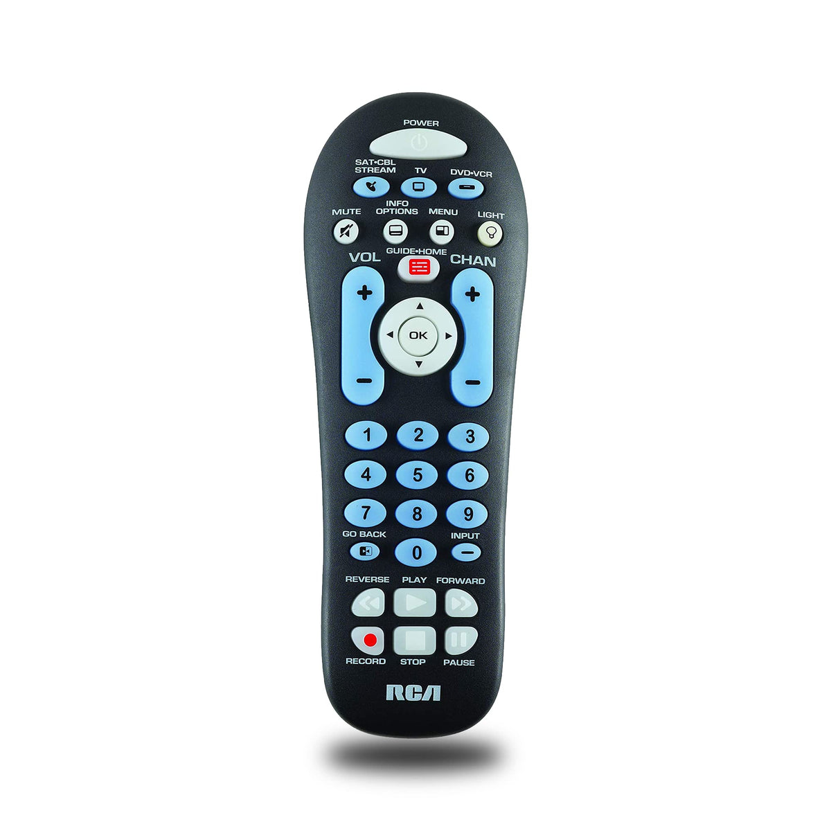 RCA RCR313BE big-button remote front view for easy three-device control