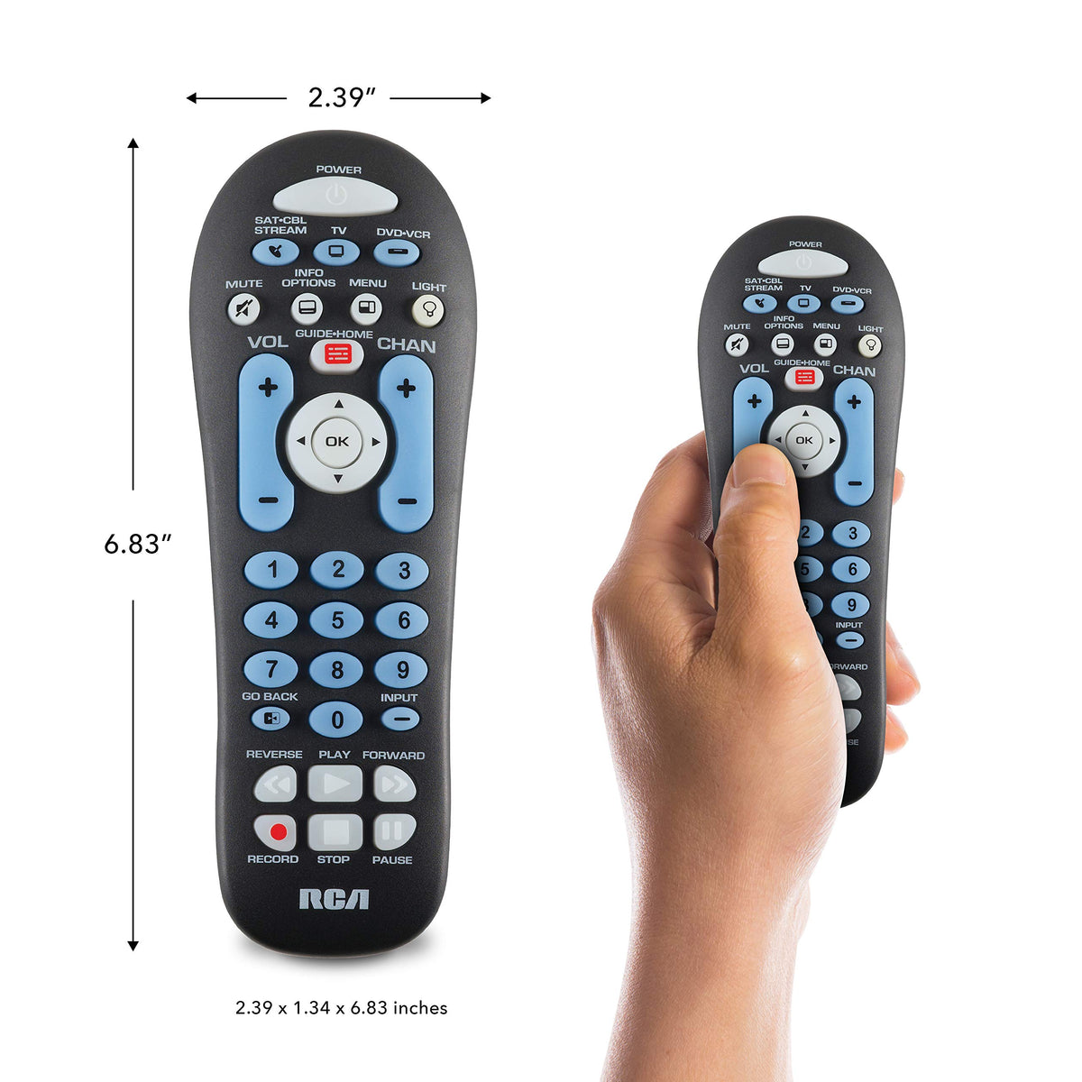 RCA RCR313BE three-device remote in use for TV, streaming box, and DVD
