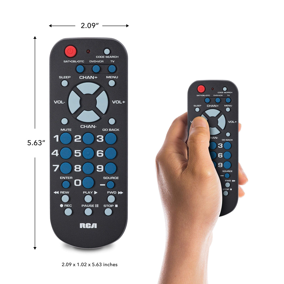 RCA RCR503BE in hand demonstrating palm-sized comfort and one-handed use