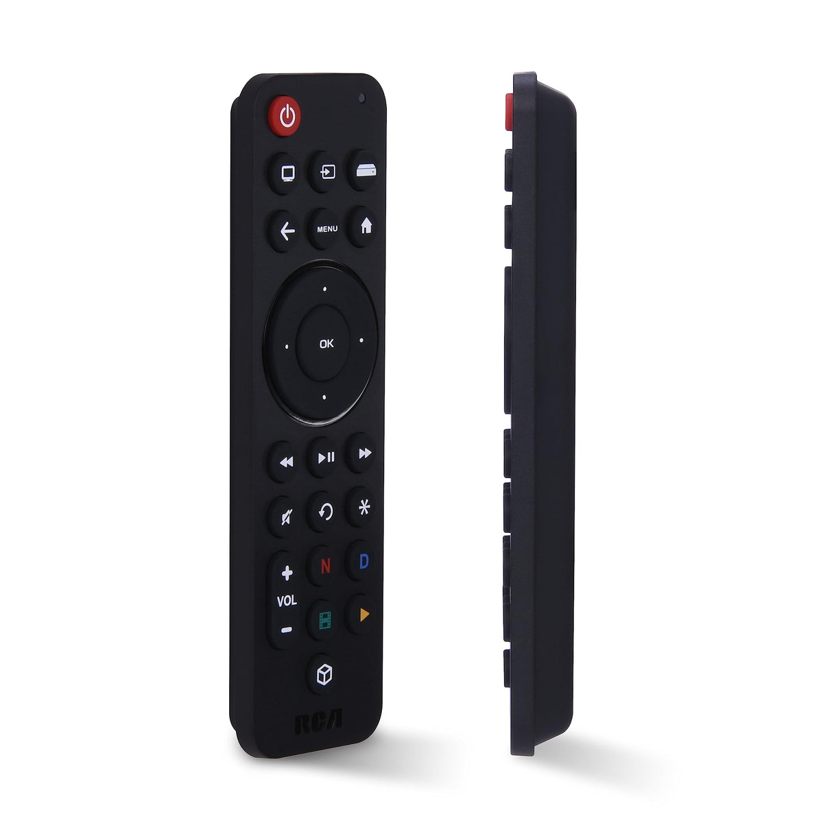 RCA universal rechargeable 3-device remote front view showing control layout for TV and streaming.