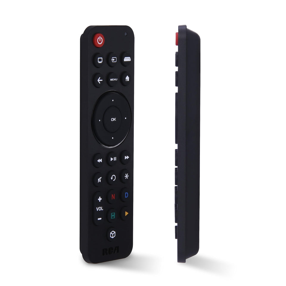 RCA universal rechargeable 3-device remote front view showing control layout for TV and streaming.