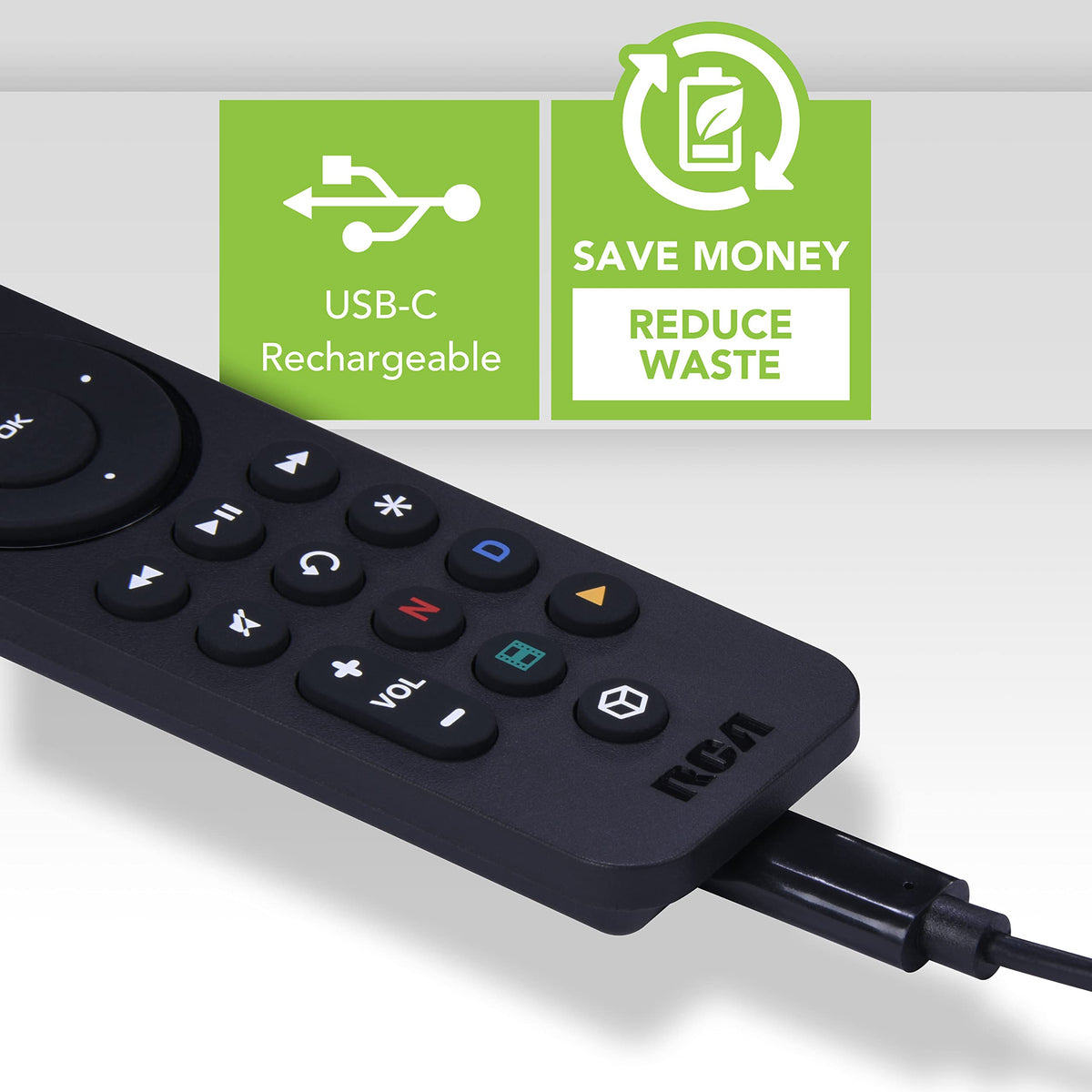 RCA remote quick access keys enabling instant streaming app launches.