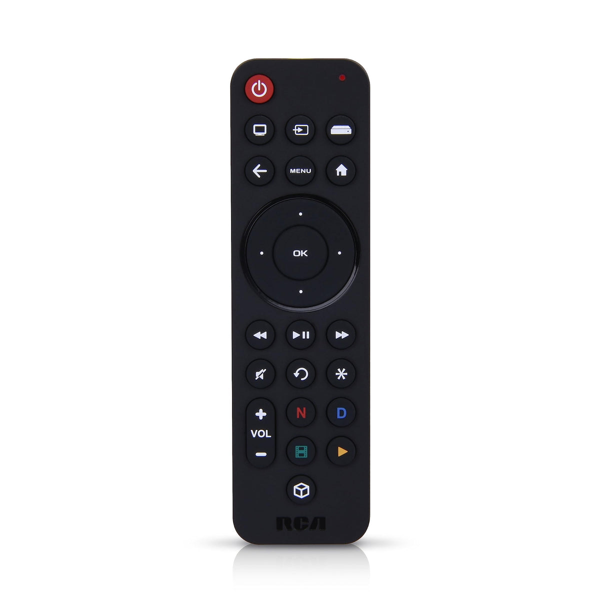 RCA remote with USB-C charging cable ready for recharging.