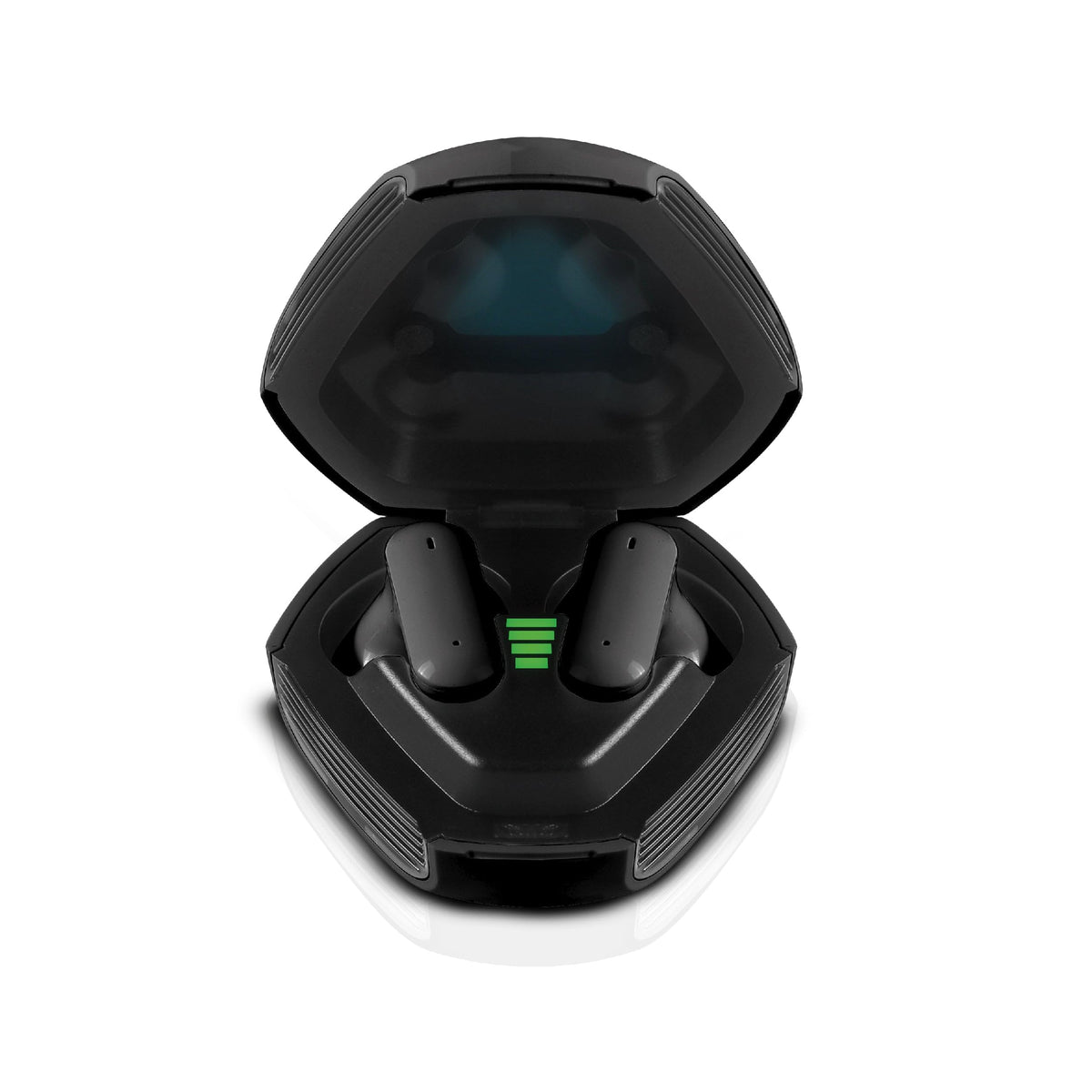 RCA Wave-78 open charging case displaying earbuds and convenient extra battery