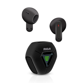 RCA Wave-78 front view showing compact earbuds and case benefit portable storage