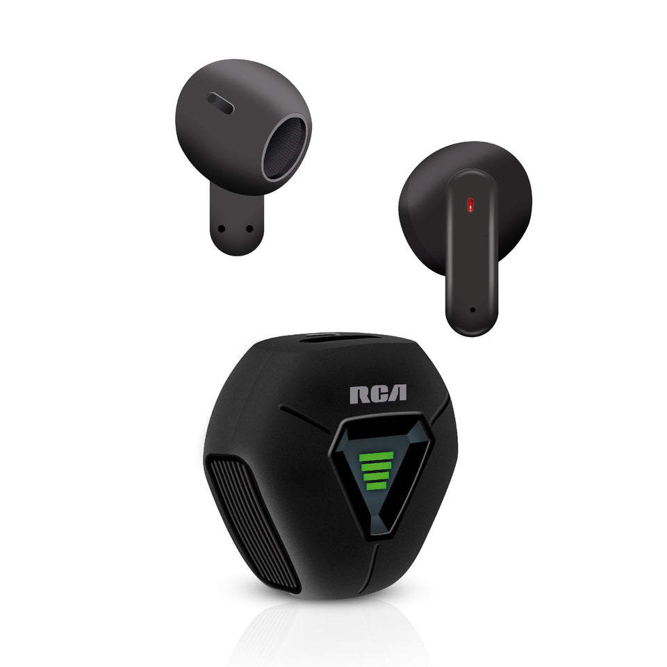 RCA Wave-78 front view showing compact earbuds and case benefit portable storage