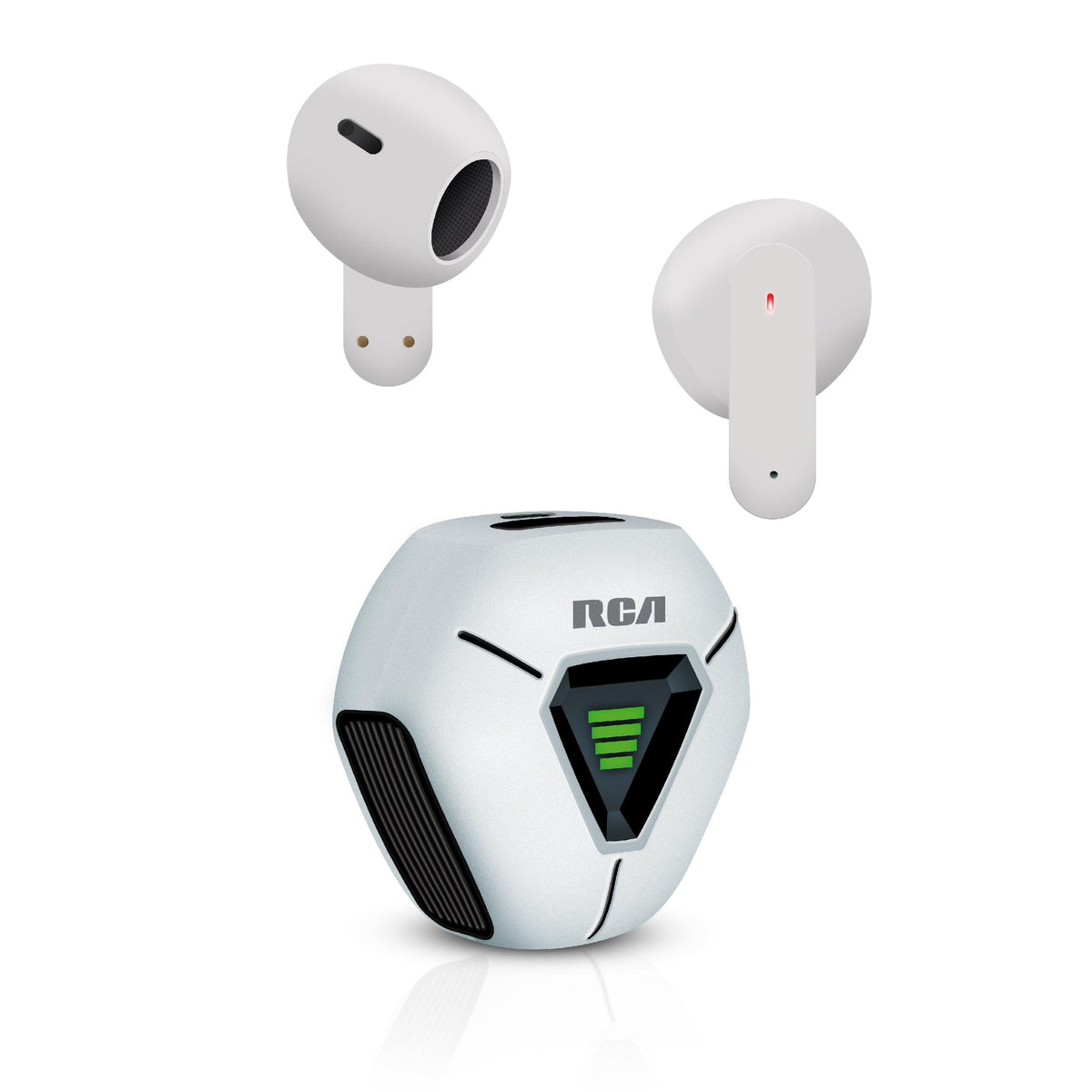 RCA Wave-78 front view showcasing earbuds and case for clear portability