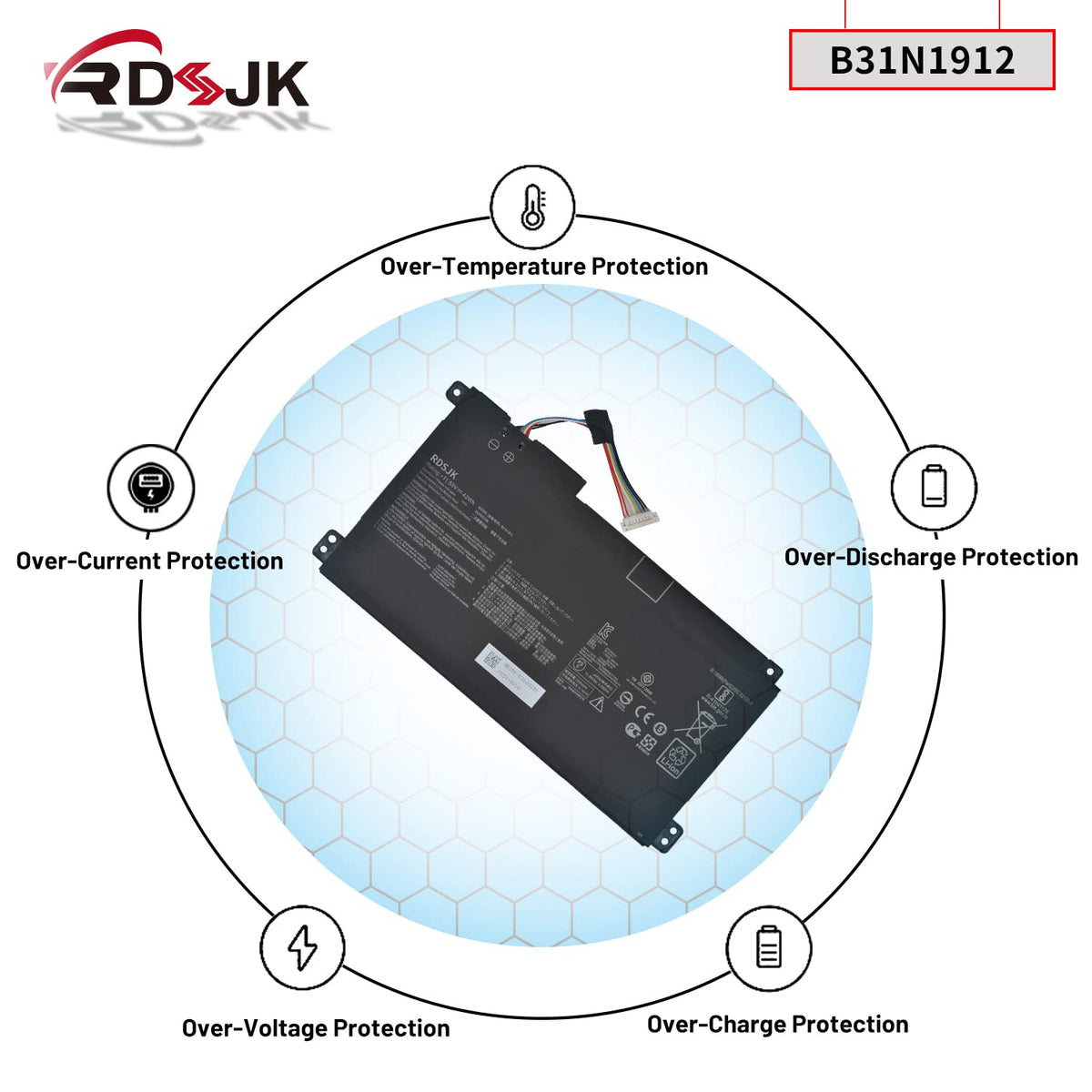 RDSJ battery for Asus VivoBook E410MA, connectors close-up, easy compatibility