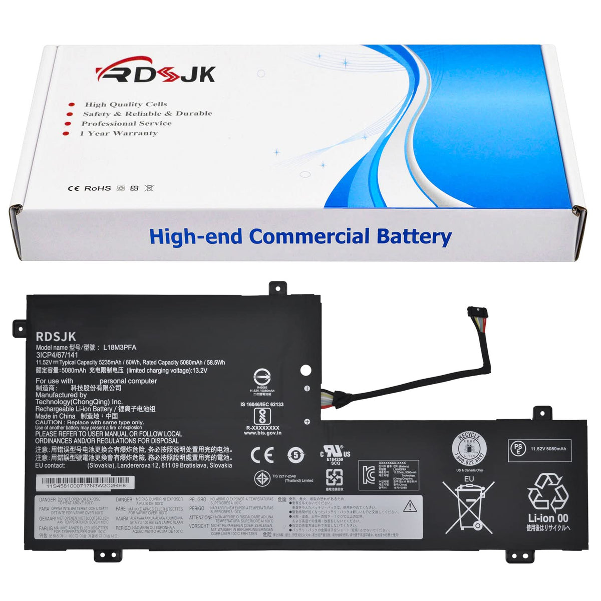RDSJ battery front label showing model and safe fit, ensures correct replacement