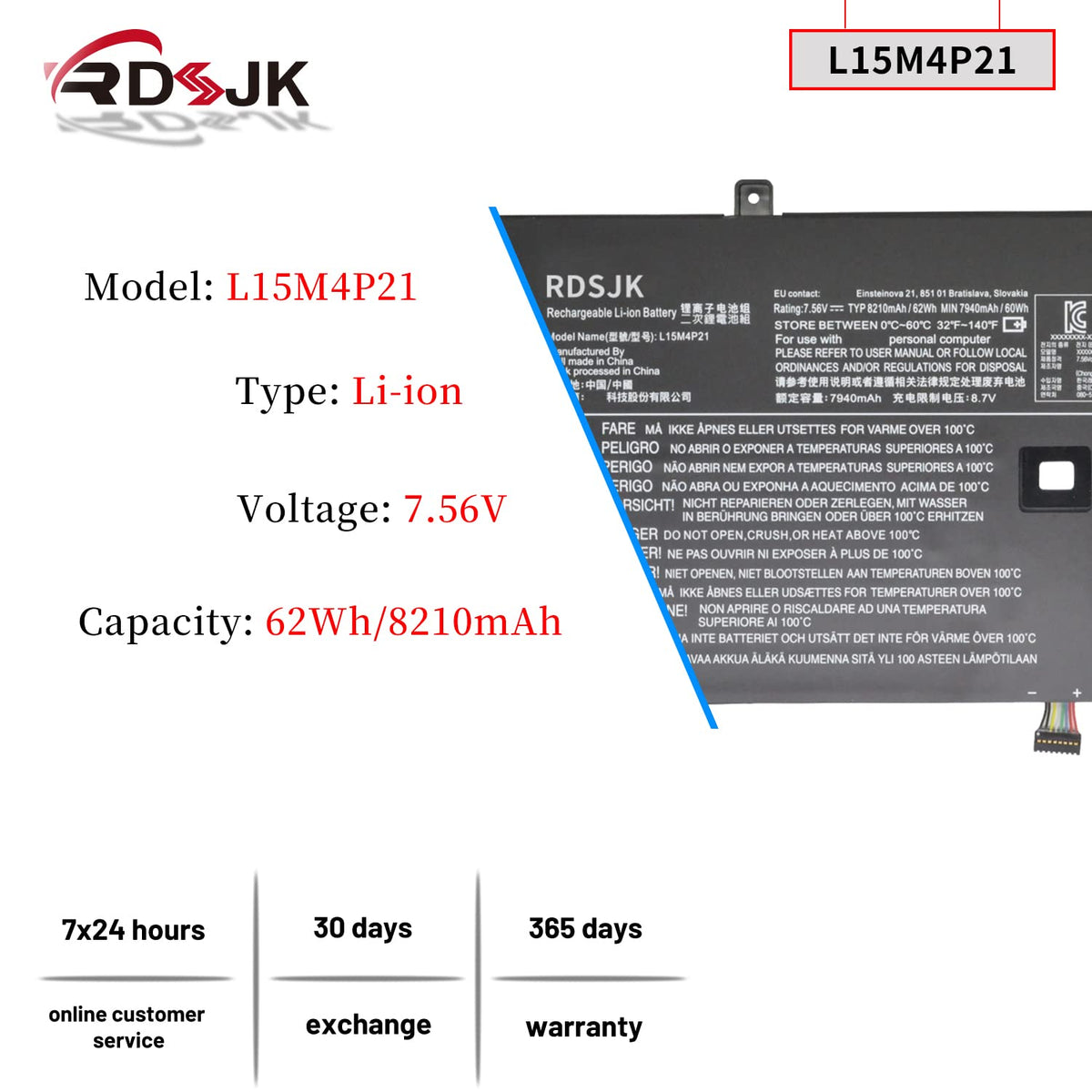 Close-up of RDSJK L15 battery label with model and part numbers for correct compatibility