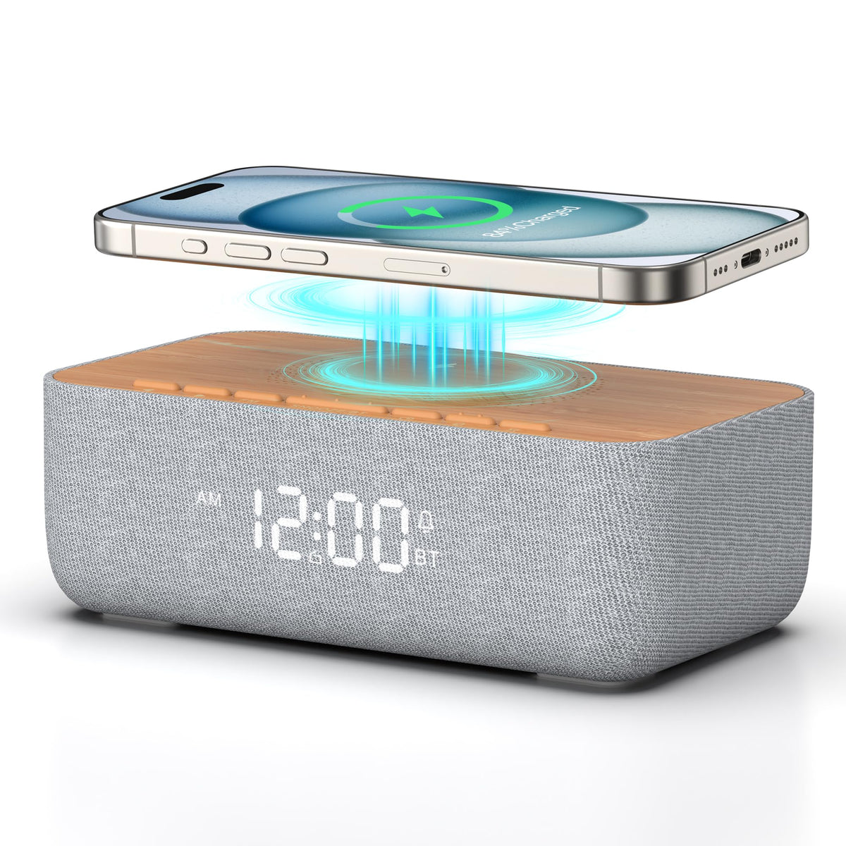 REACHER alarm clock radio wireless charging surface for clutter free bedside