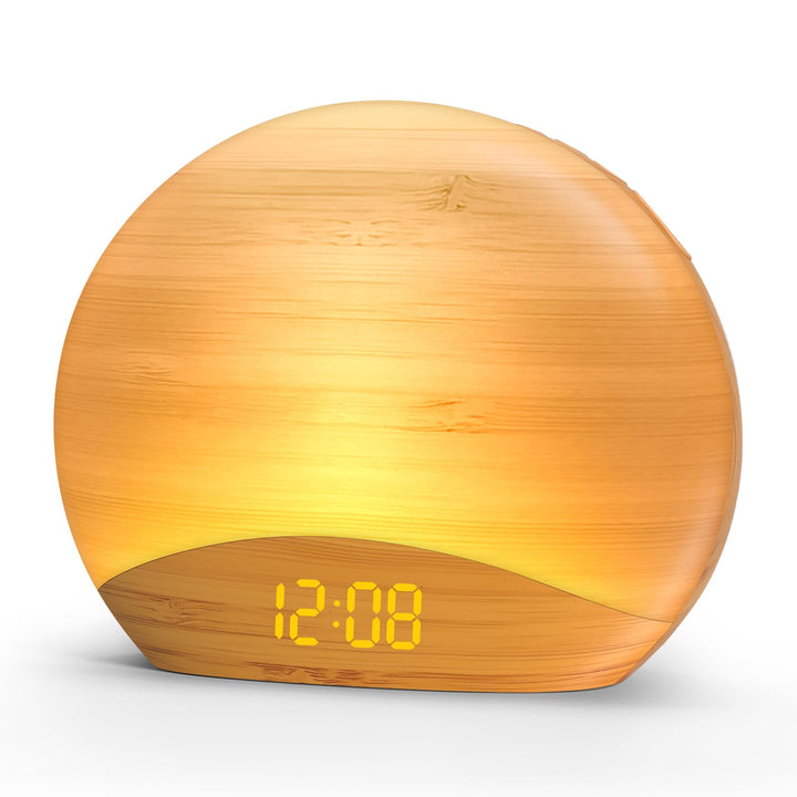 REACHER wood-grain front view showing alarm clock and button layout, stylish bedside benefit