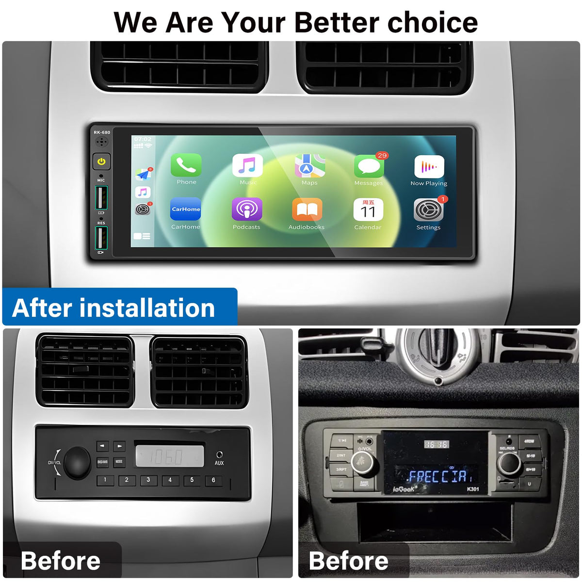 REAKOSOUND installed in car dashboard demonstrating compact single-DIN fit