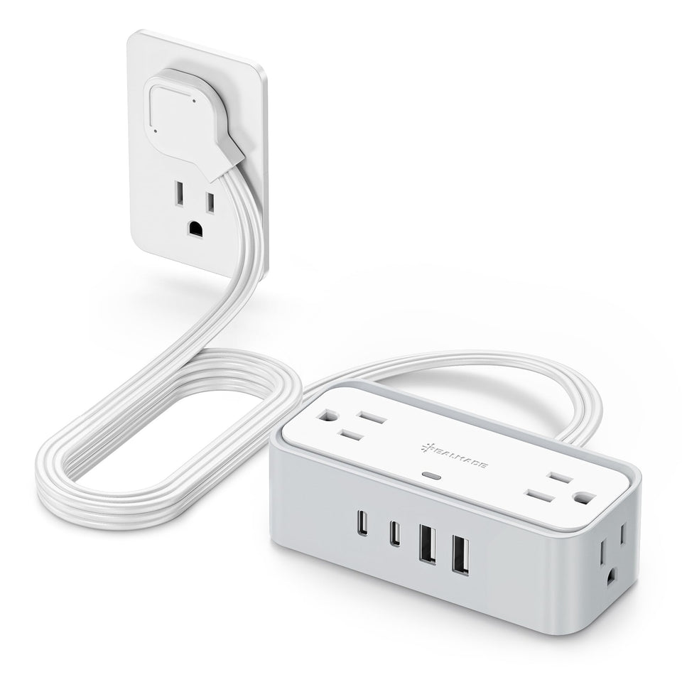 Realmade 10 ft flat plug extension cord powers multiple devices from a single wall outlet