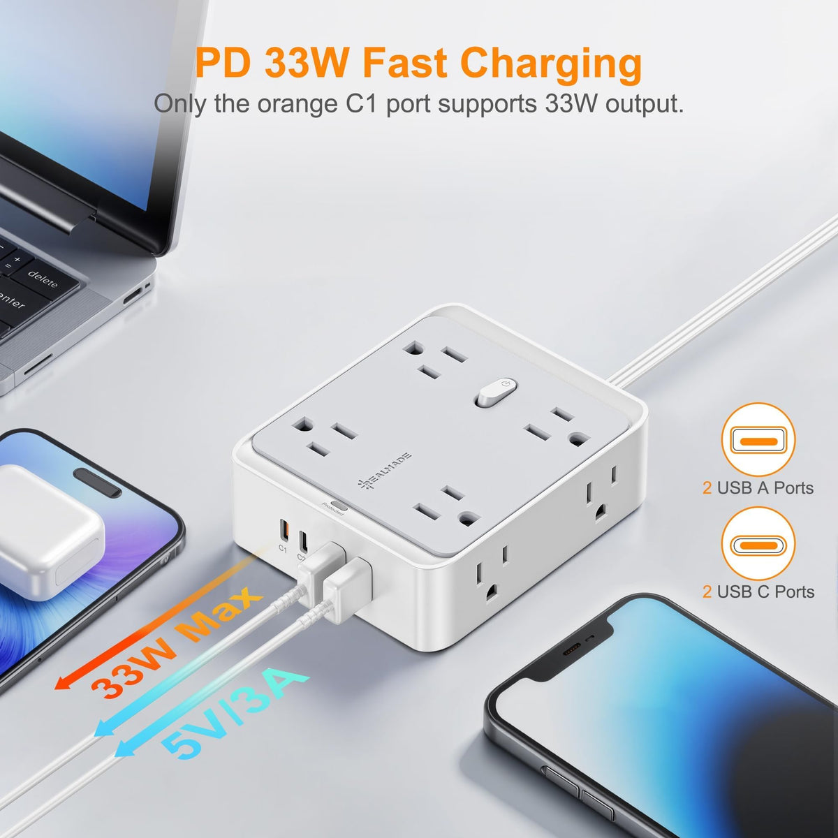 Realmade 12-in-1 flat extension cord shown with eight outlets and USB ports