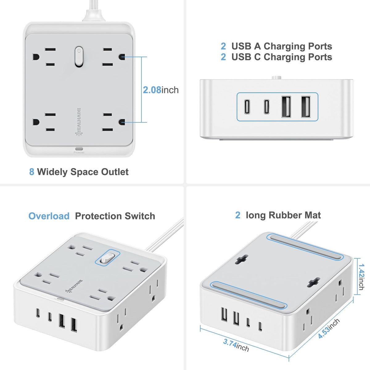 Realmade extension cord with angled outlets and 2.04 inch spacing