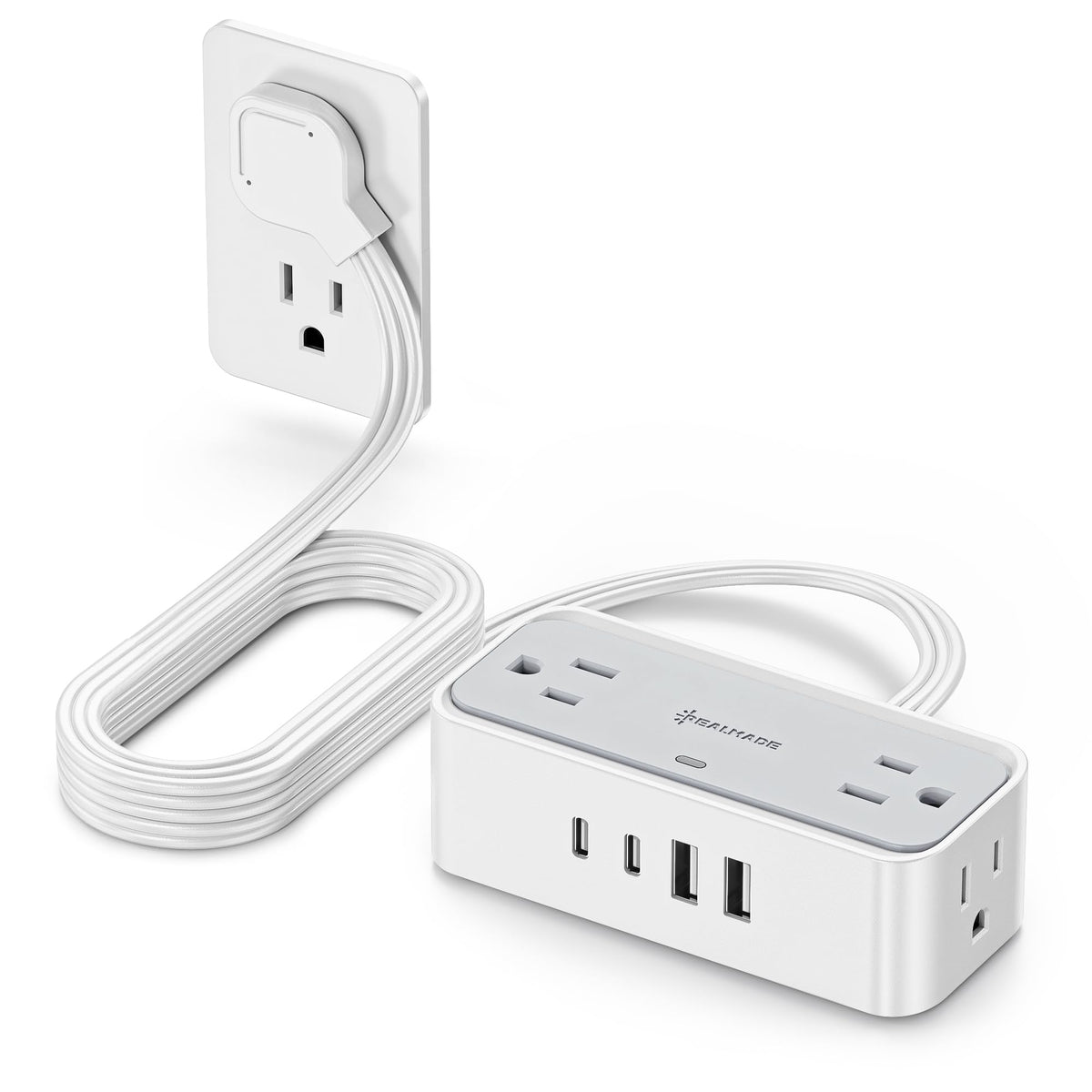 realmade front view of power strip showing neat charging setup and organized cords