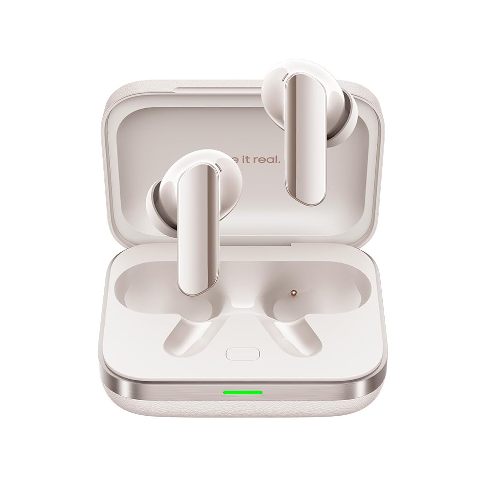 realme Buds Air 7 Pro front case open showing earbuds, highlights portability