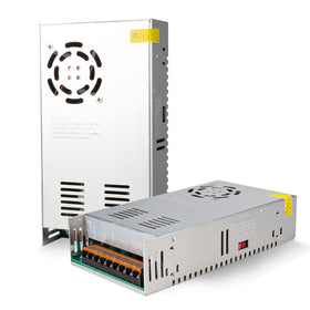 REALSUN 48V 10A power supply front view showing compact metal case for CCTV and LED uses
