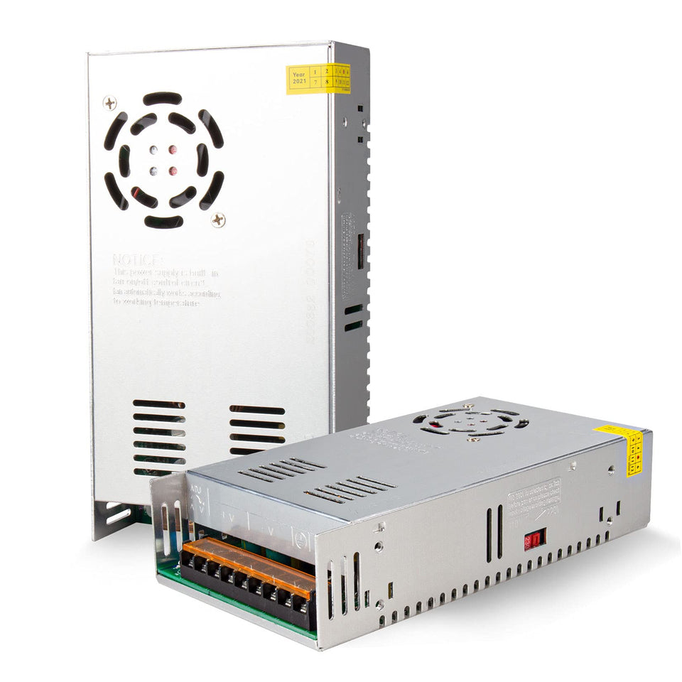 REALSUN 48V 10A power supply front view showing compact metal case for CCTV and LED uses
