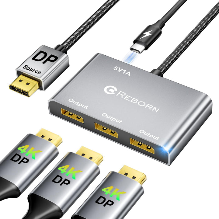 Reborn front view of splitter showing three outputs and benefit of multi-monitor setup