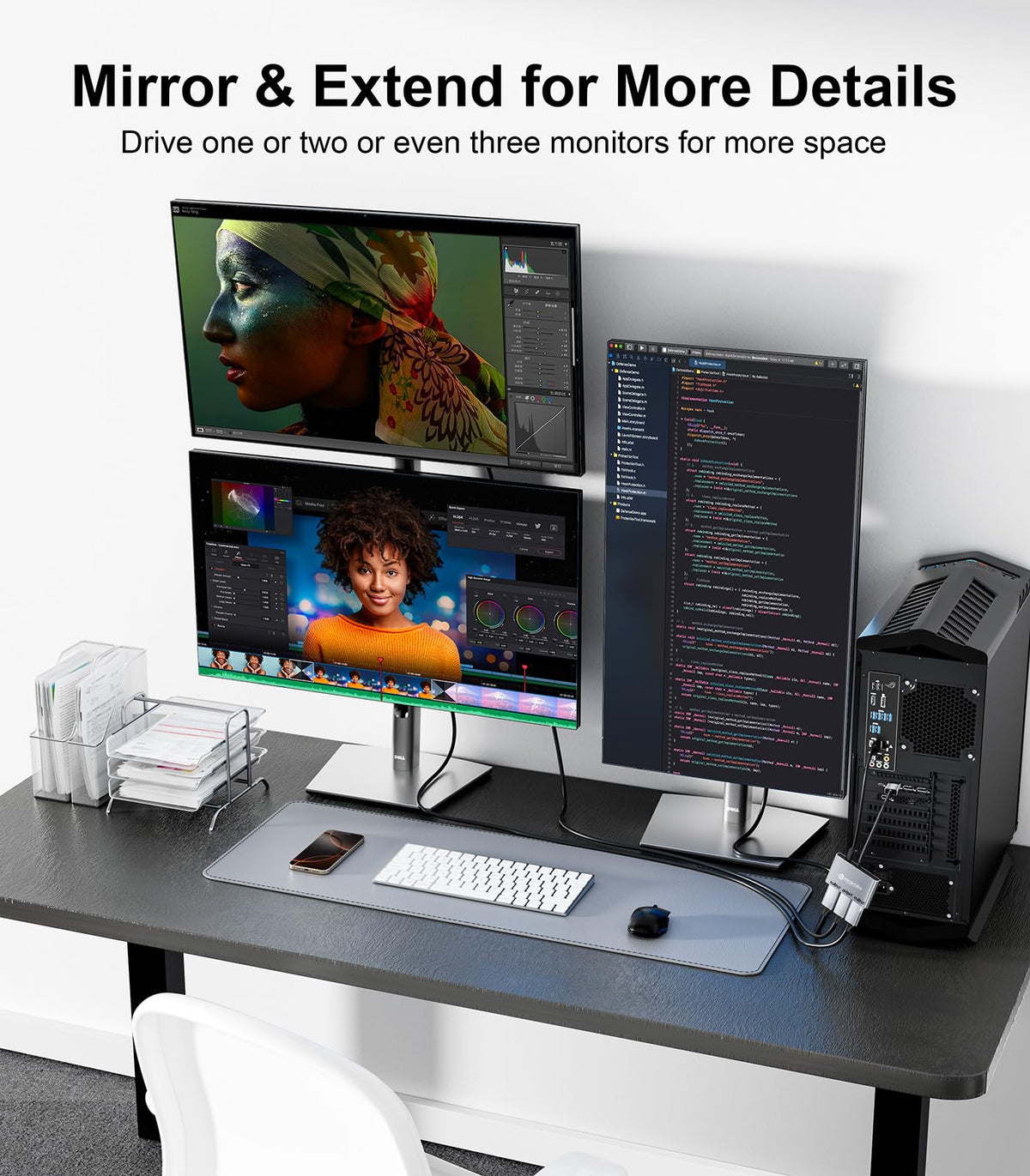 Reborn splitter connected to three monitors showing expanded desktop productivity