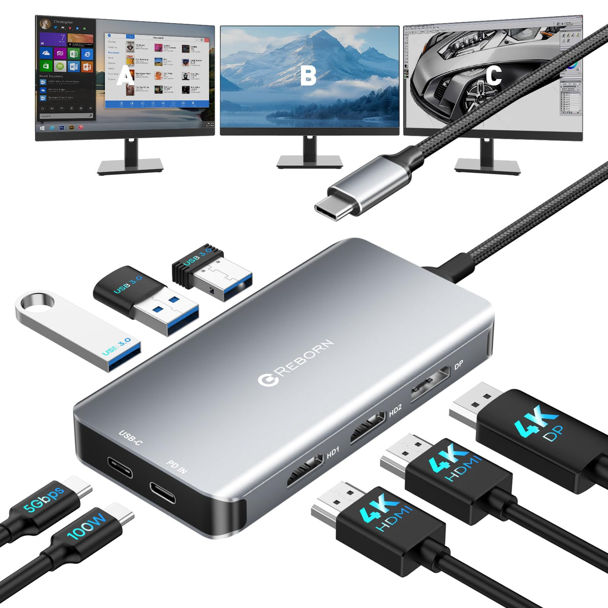 Reborn docking station setup showing dual 4K displays for productivity
