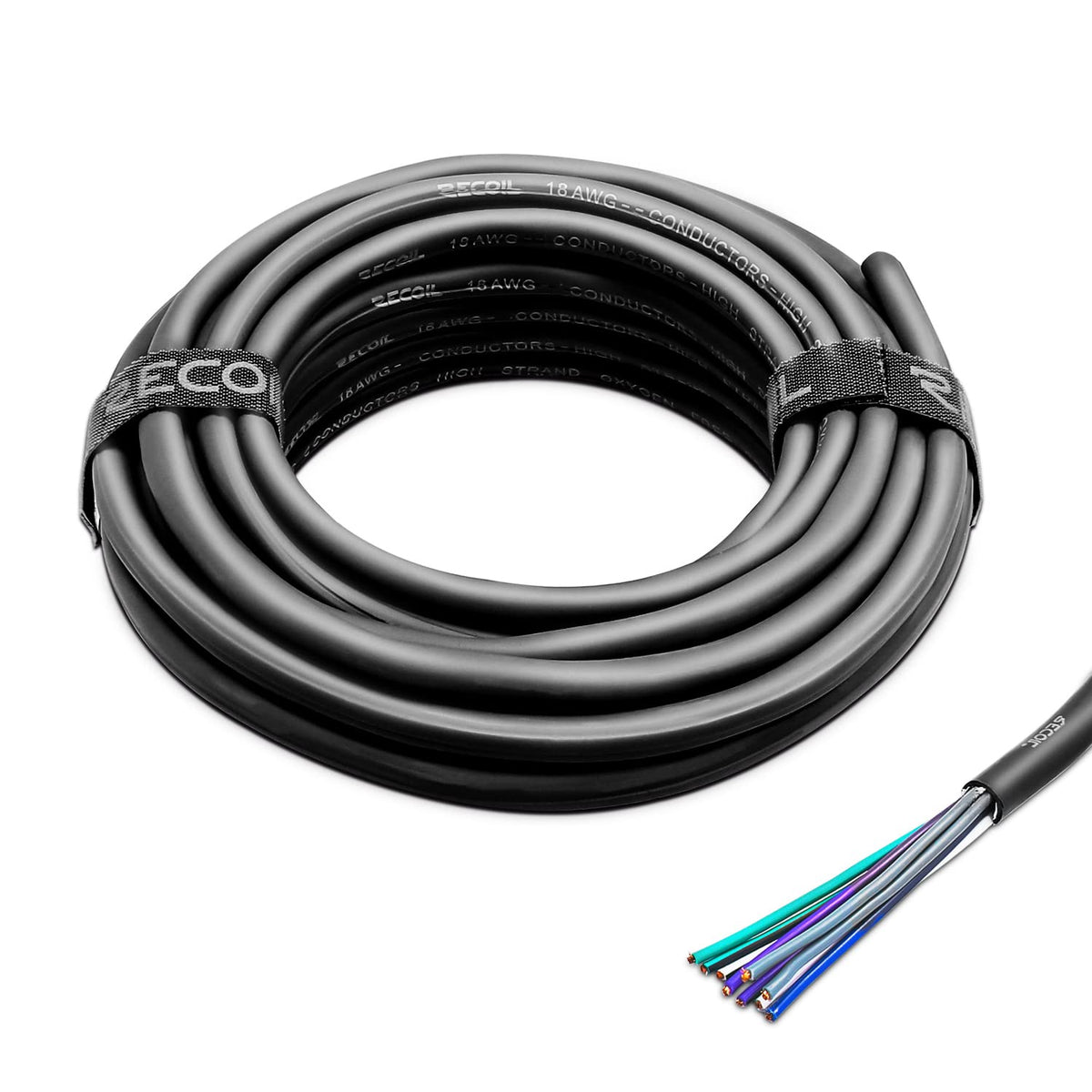 RECOIL 20ft 9-conductor cable, angled view for multi-channel car audio wiring.