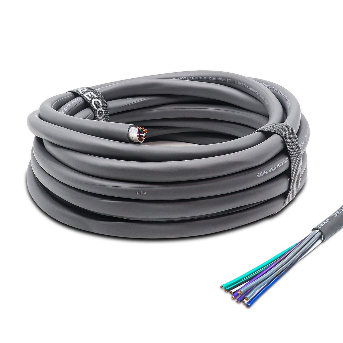 RECOIL 20ft 9-conductor speaker cable close-up shows ultra-flex jacket for easy routing.
