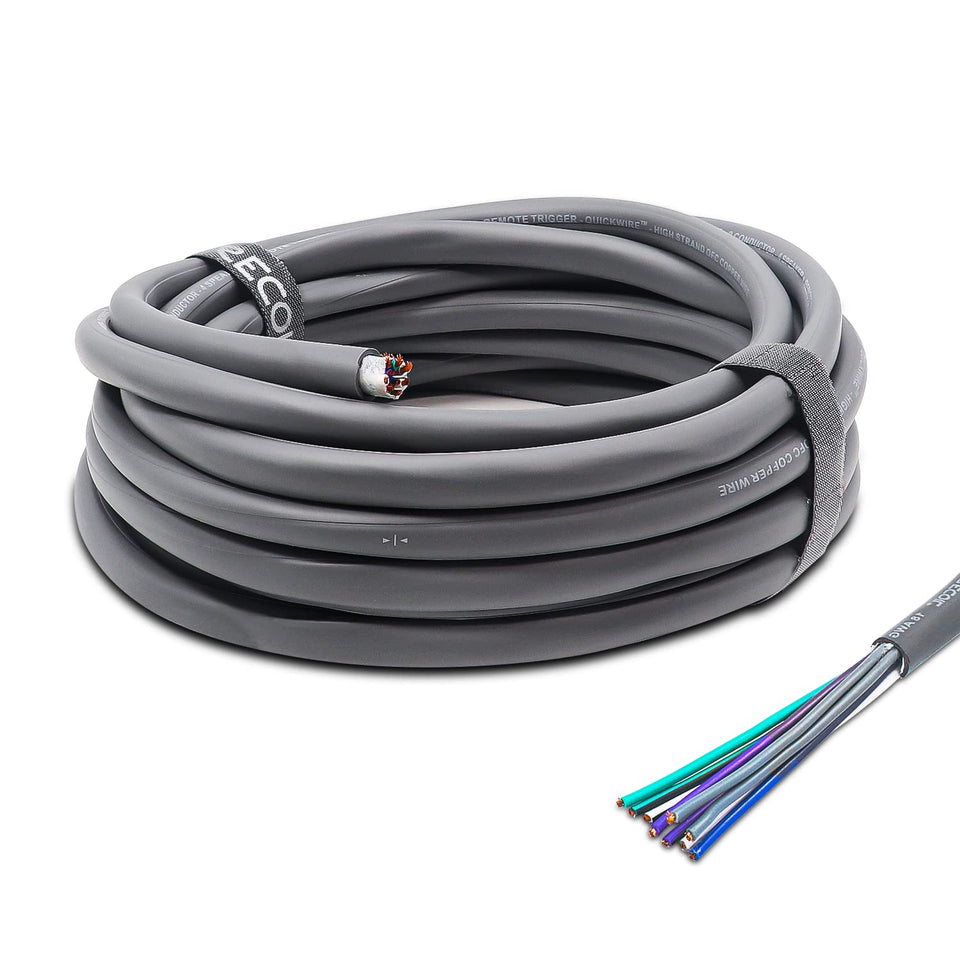 RECOIL 20ft 9-conductor speaker cable close-up shows ultra-flex jacket for easy routing.