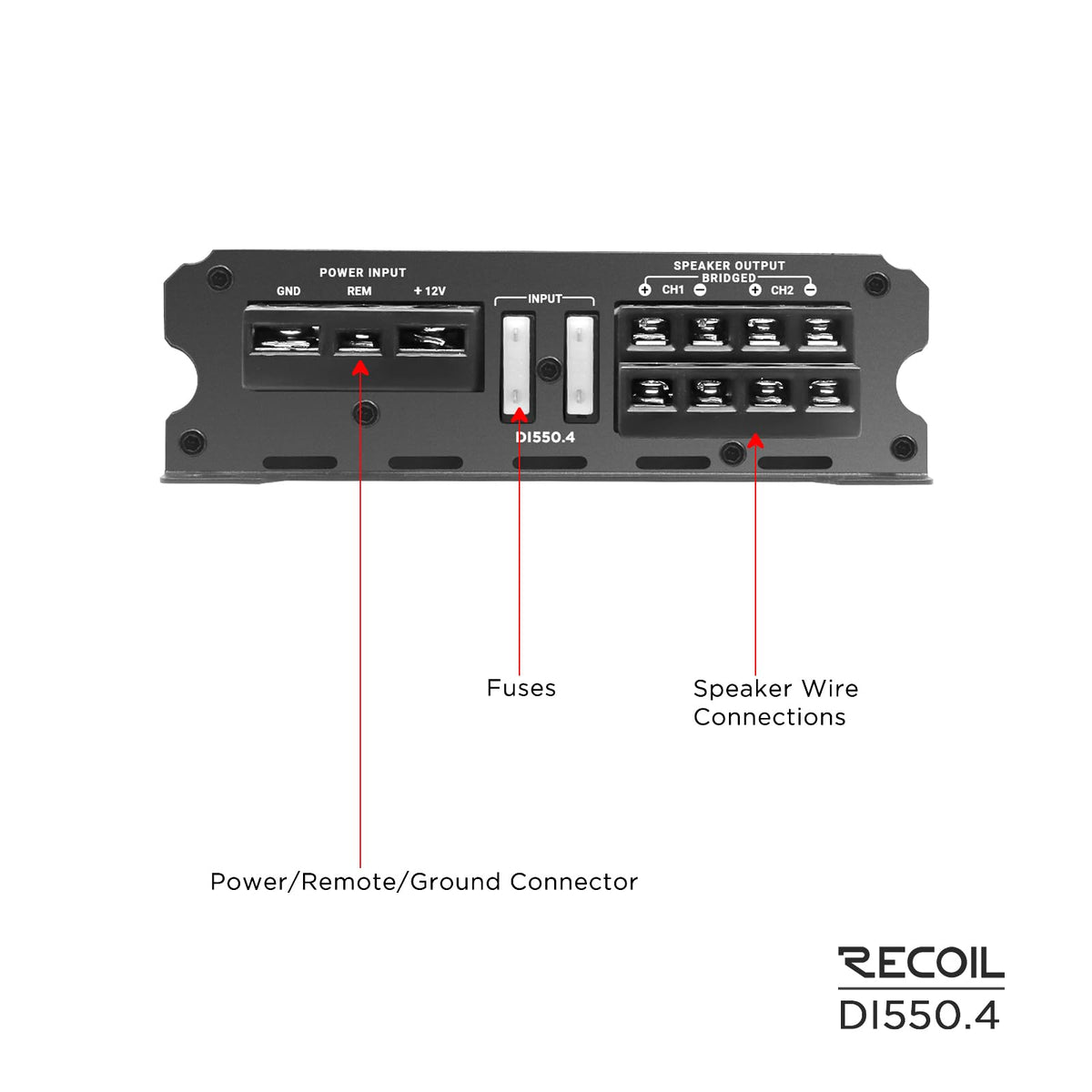 RECOIL DI550-4-channel bridged mode shows two-channel power for subwoofers.