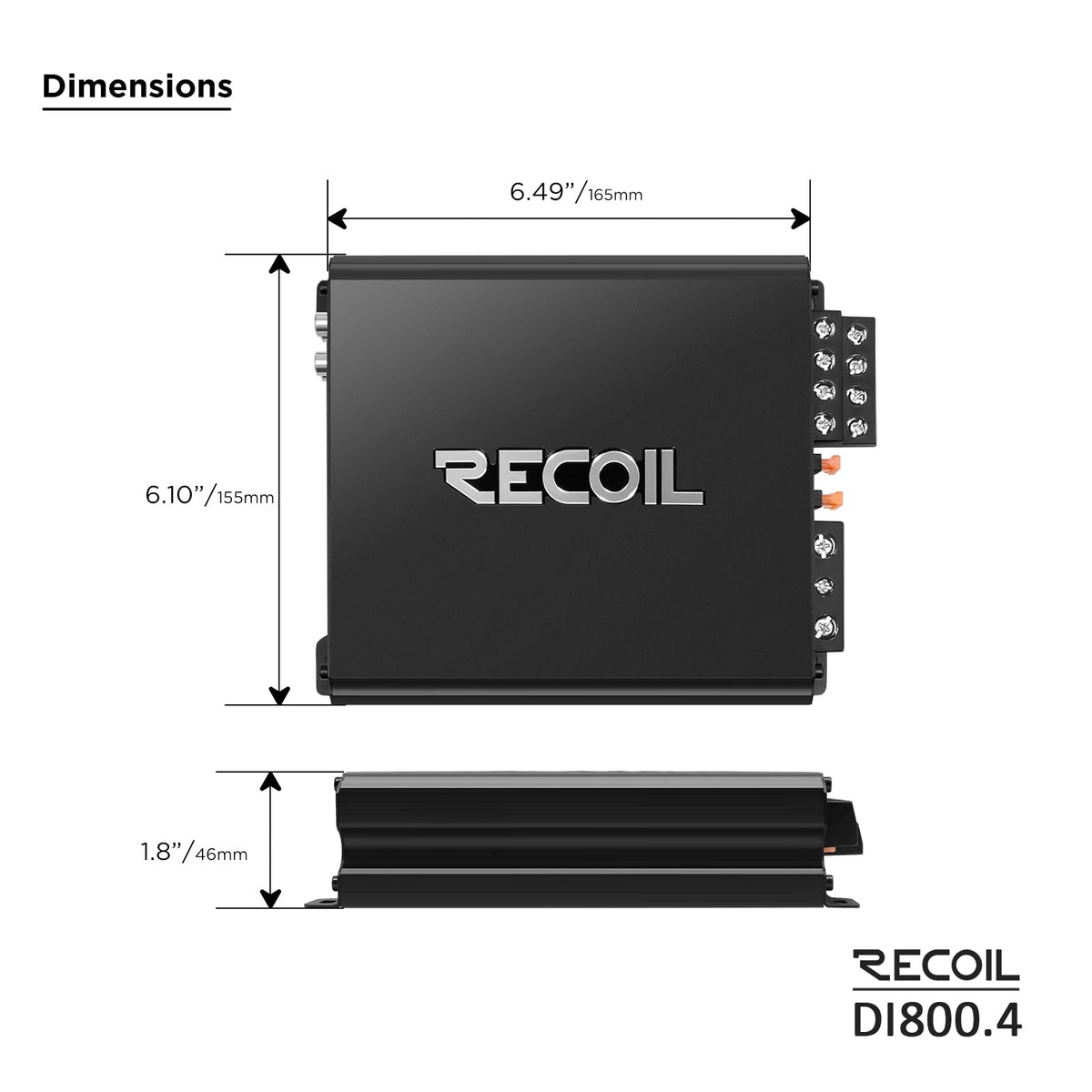 RECOIL DI800.4 packaging with manual showing included accessories and documentation