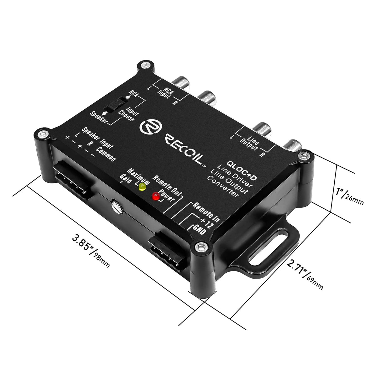 RECOIL LOCD LED indicators show clipping status and peak output per channel.