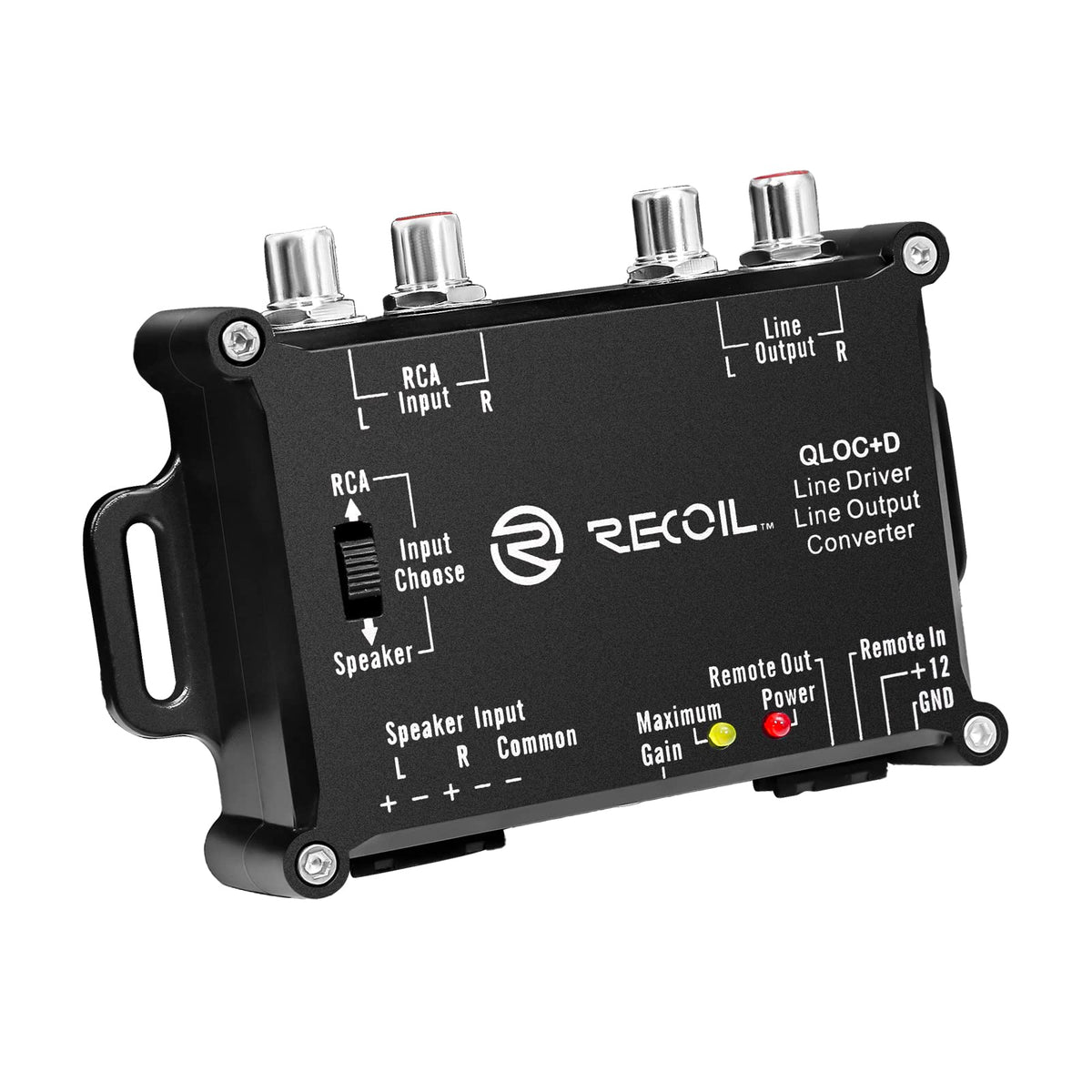 RECOIL LOCD front view shows compact 2-channel converter for aftermarket amplifiers.