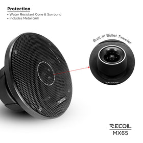 RECOIL MX65 water-resistant design protects performance in challenging environments.