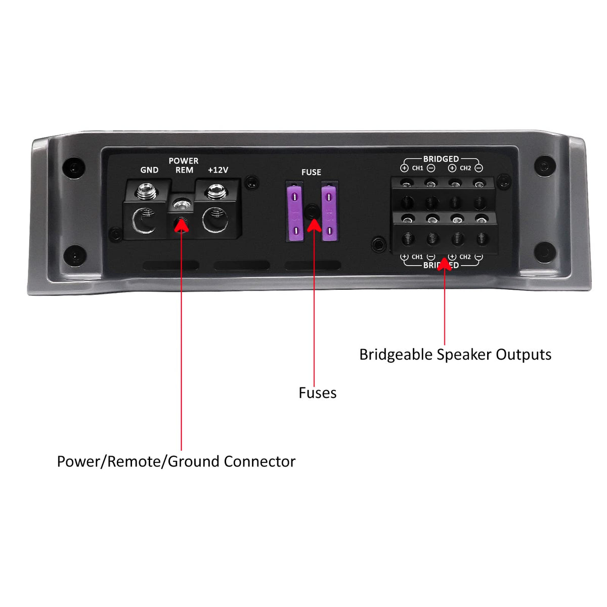 RECOIL REA600.4 bridge mode wiring illustrated for versatile configurations.