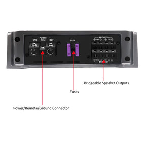 RECOIL REA600.4 bridge mode wiring illustrated for versatile configurations.