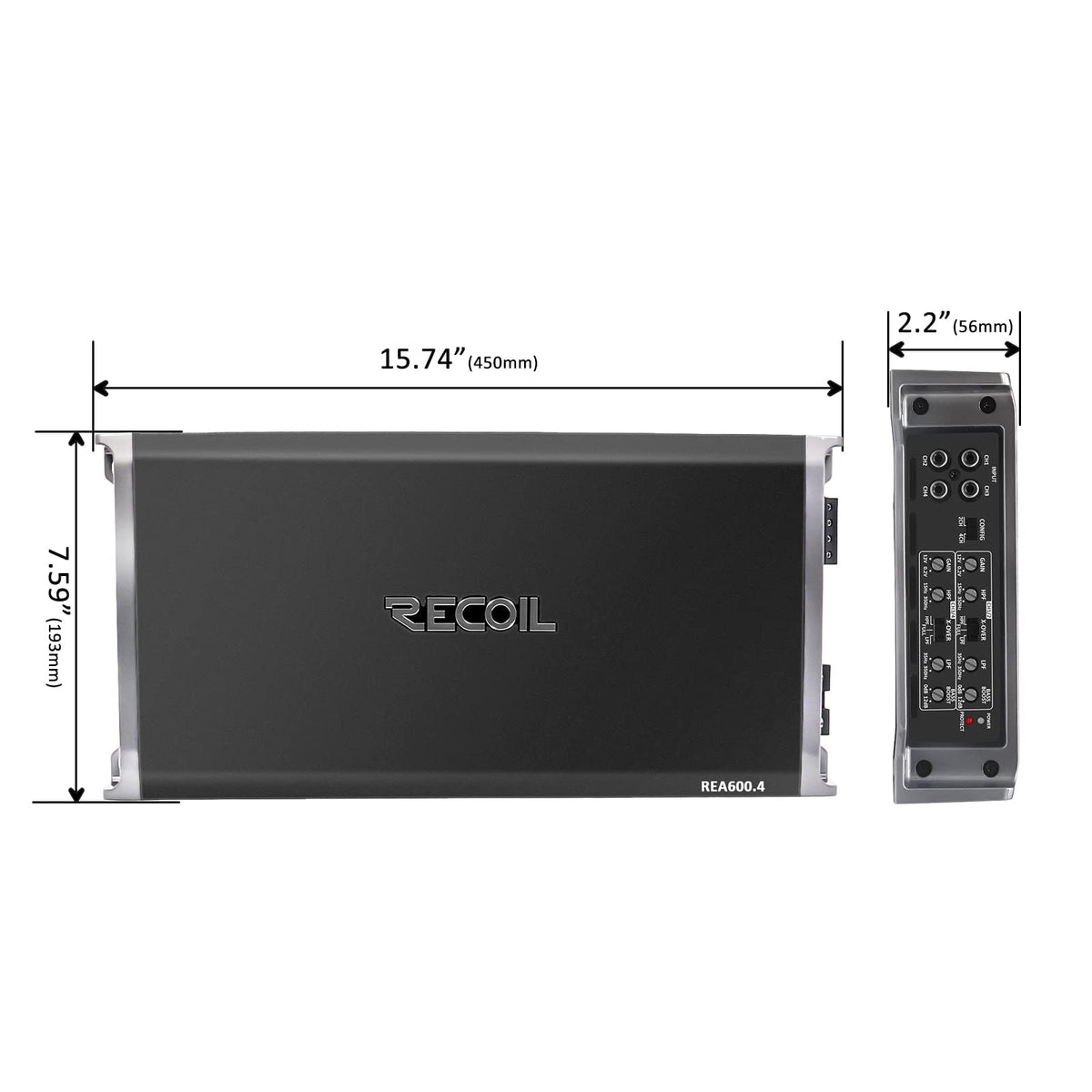 RECOIL REA600.4 dimensions graphic conveys compact 15.7 by 7.6 by 2.2 inches footprint.