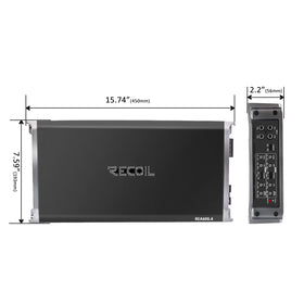 RECOIL REA600.4 dimensions graphic conveys compact 15.7 by 7.6 by 2.2 inches footprint.