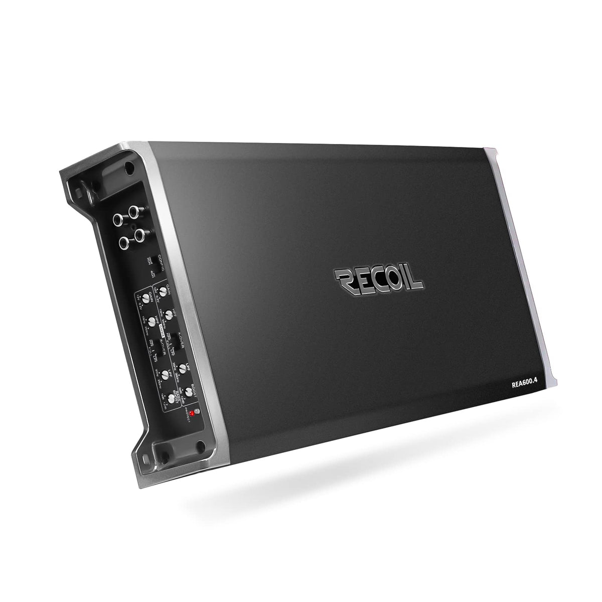 RECOIL REA600.4 front view shows compact chassis for flexible car audio installs.