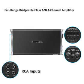 RECOIL REA600.4 MOSFET power supply focuses on efficient, stable performance.